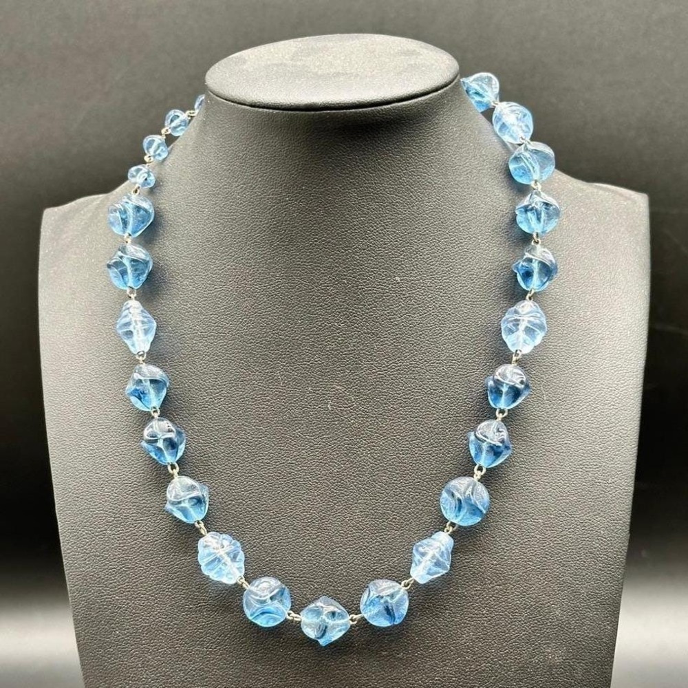 West Germany Plastic Bead Necklace 16" Vtg Blue Molded Midcentury Jewelry